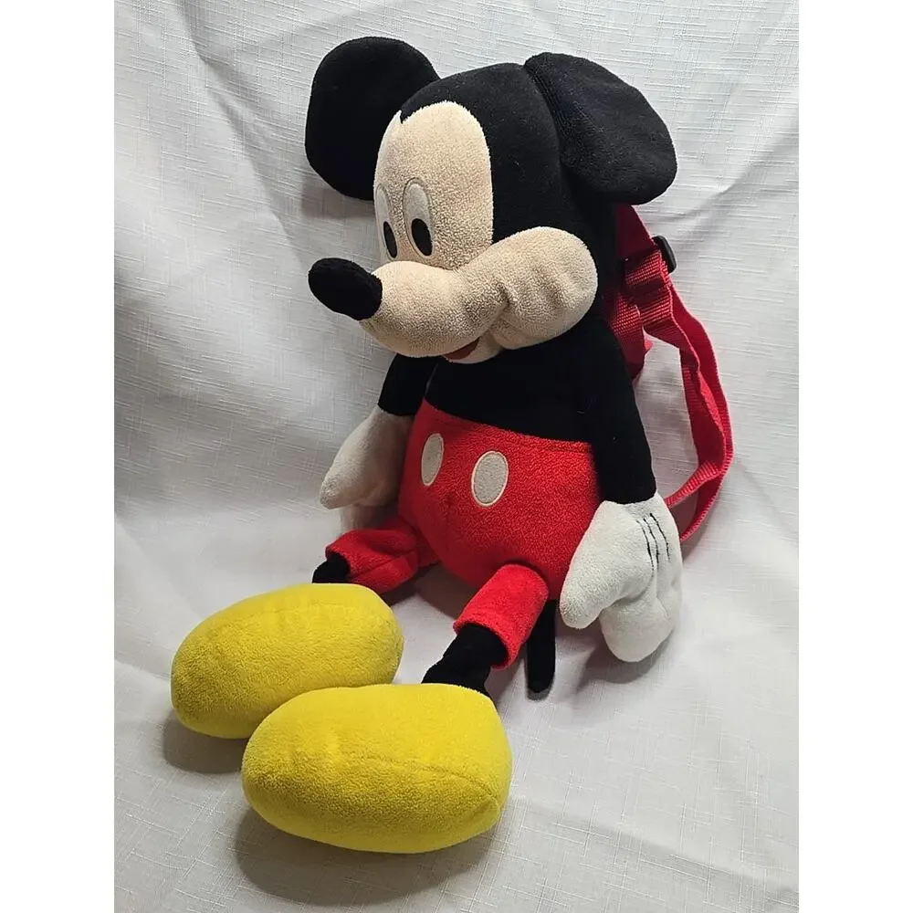 Vintage Walt Disney World Mickey Mouse Plush Zipper Pouch Backpack Red Straps